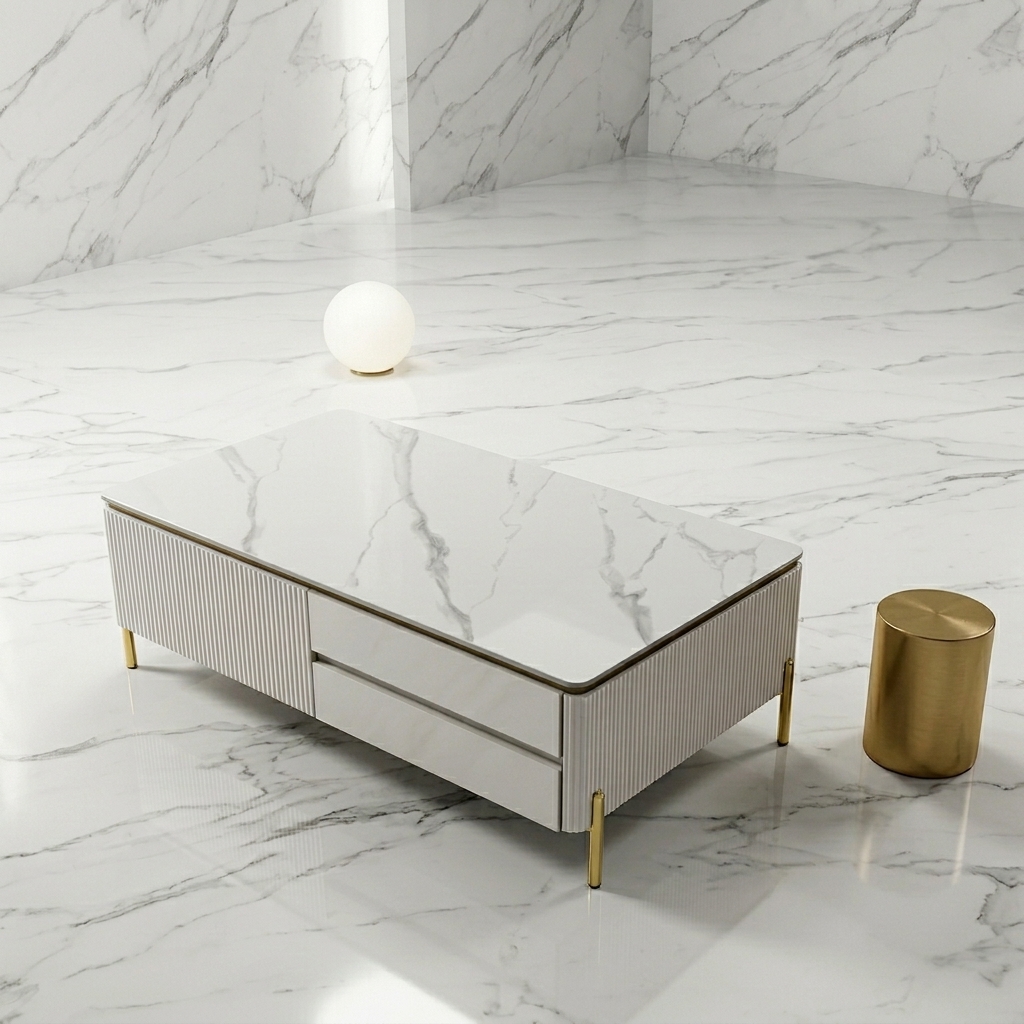 Modern Faux Marble Coffee Table with Fluted Detailing and Gold Legs